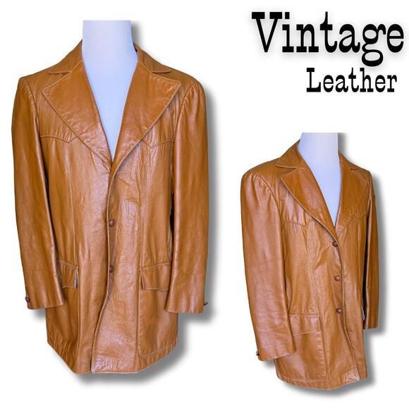 Vintage 70s Mens Caramel Brown Leather Jacket Hipster Alternative Western Groovy - Picture 1 of 10